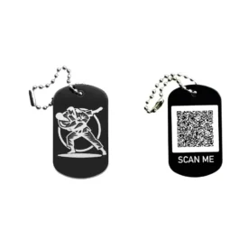 Dogtag mit Judomotiv, daneben Beispiel eines personalisierten QR-Codes