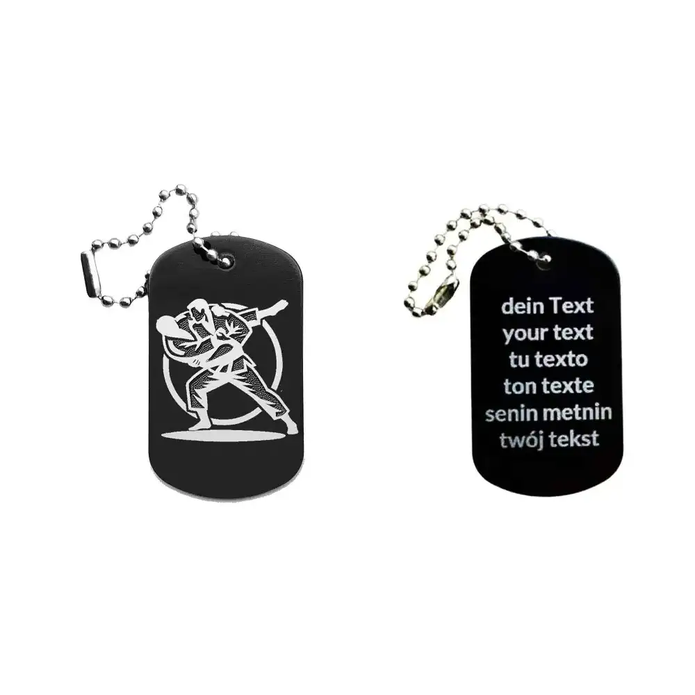 Dogtag mit Judomotiv, daneben Beispiel eines personalisierten Textes