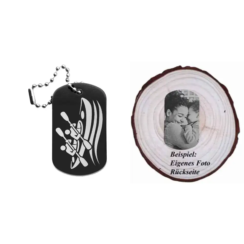 Dogtag mit Kajakmotiv, daneben Beispiel eines personalisierten Fotos