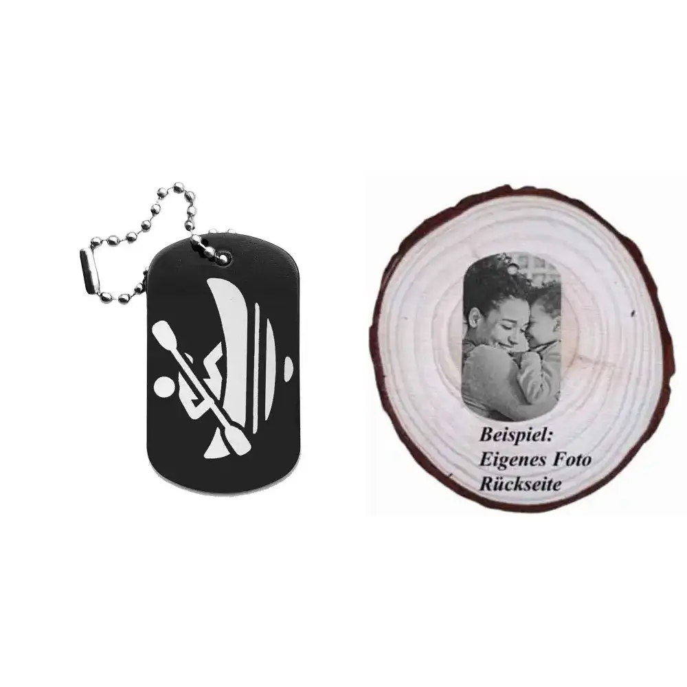 Dogtag mit Kanumotiv, daneben Beispiel eines personalisierten Fotos