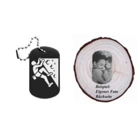 Dogtag mit Klettermotiv, daneben Beispiel eines personalisierten Fotos