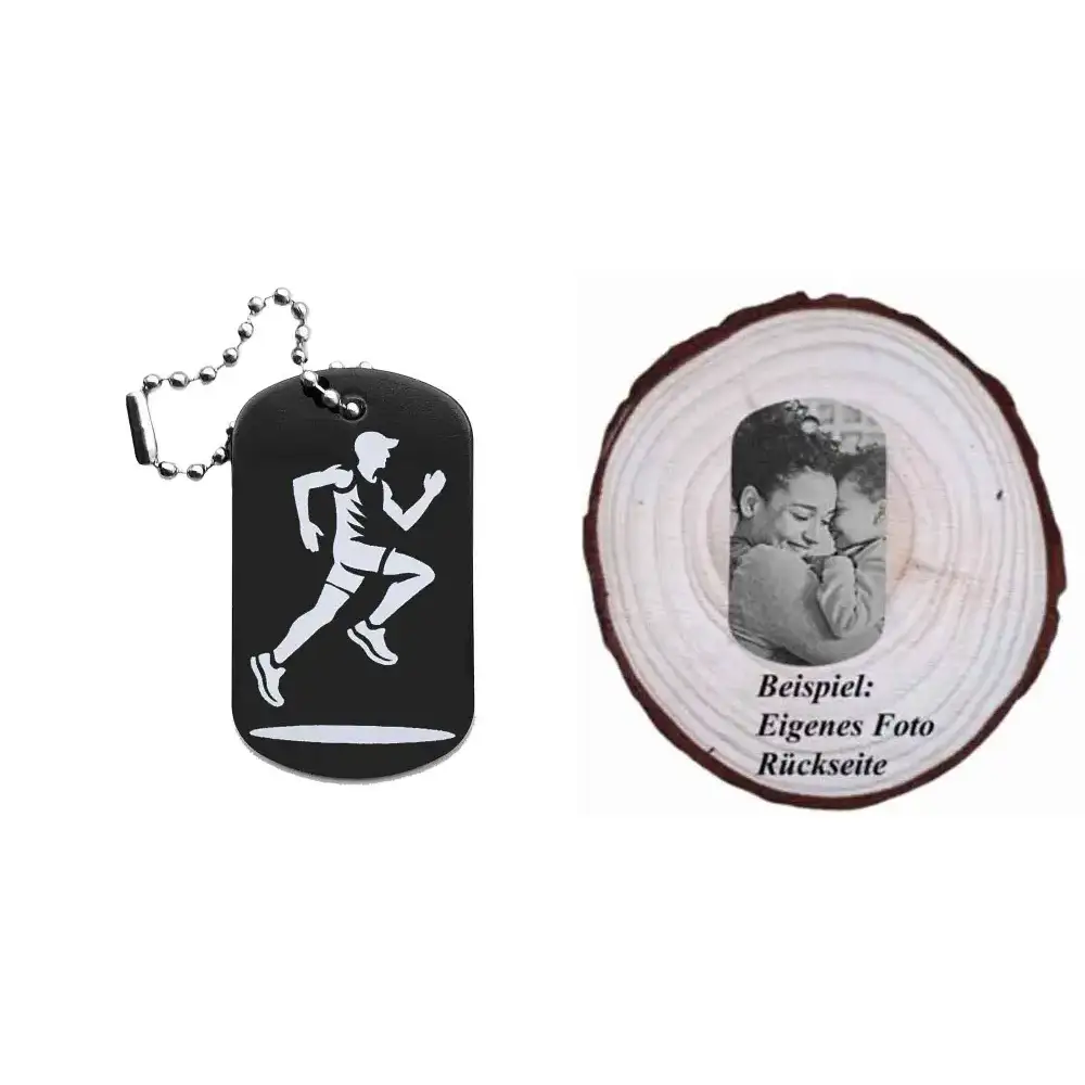 Dogtag mit Läufermotiv, daneben Beispiel eines personalisierten Fotos