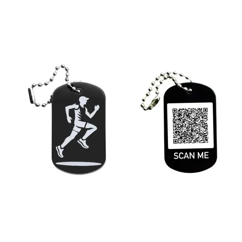 Dogtag mit Läufermotiv, daneben Beispiel eines personalisierten QR-Codes