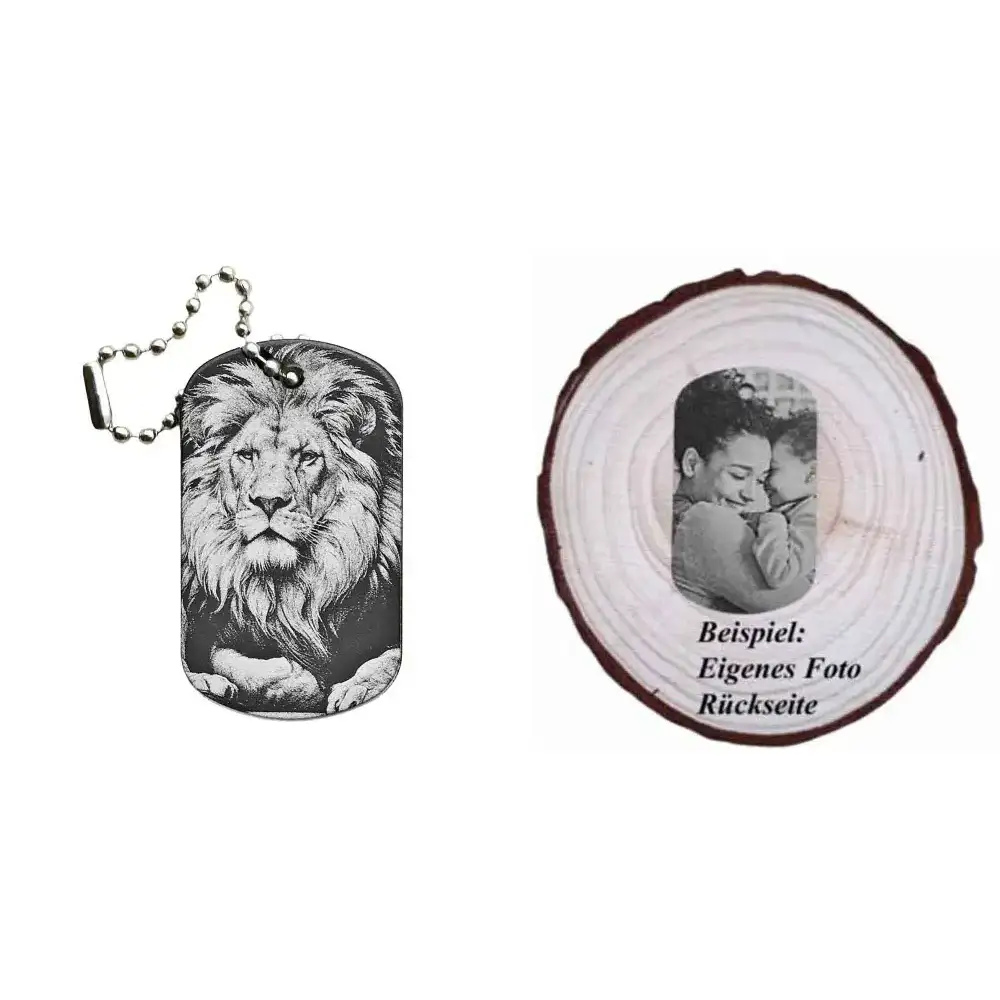 Dogtag mit Löwenmotiv, daneben Beispiel eines personalisierten Fotos