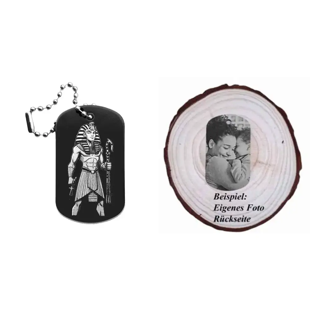 Dogtag mit Pharaomotiv, daneben Beispiel eines personalisierten Fotos