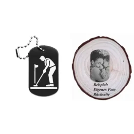 Dogtag mit Golfmotiv, daneben Beispiel eines personalisierten Fotos