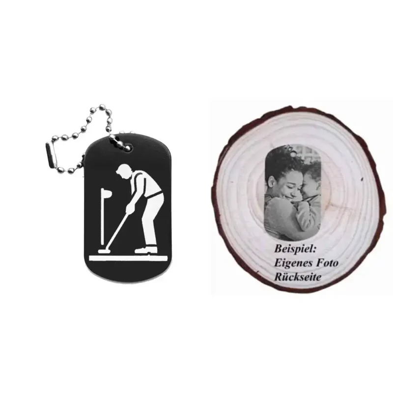 Dogtag mit Golfmotiv, daneben Beispiel eines personalisierten Fotos