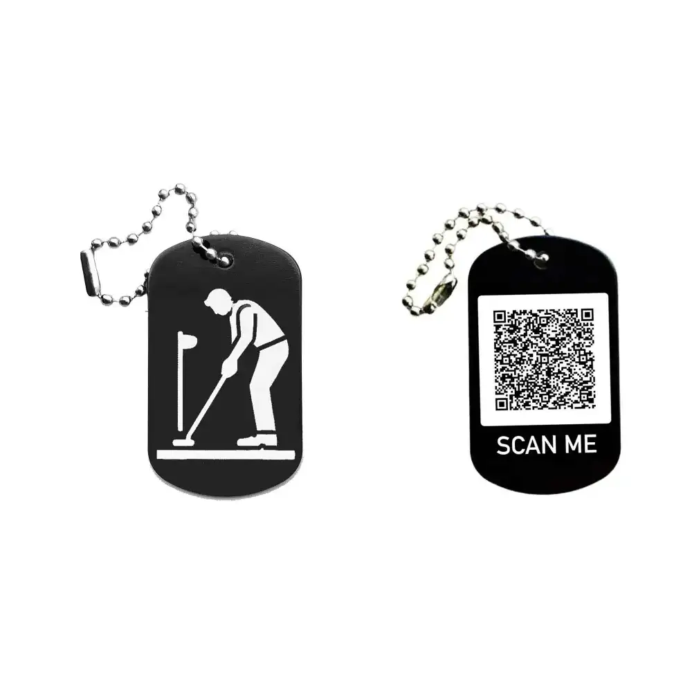 Dogtag mit Golfmotiv, daneben Beispiel eines personalisierten QR-Codes