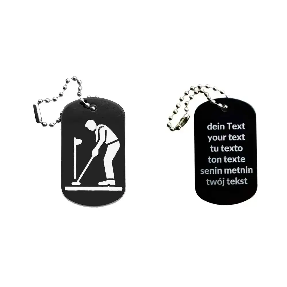 Dogtag mit Golfmotiv, daneben Beispiel eines personalisierten Textes