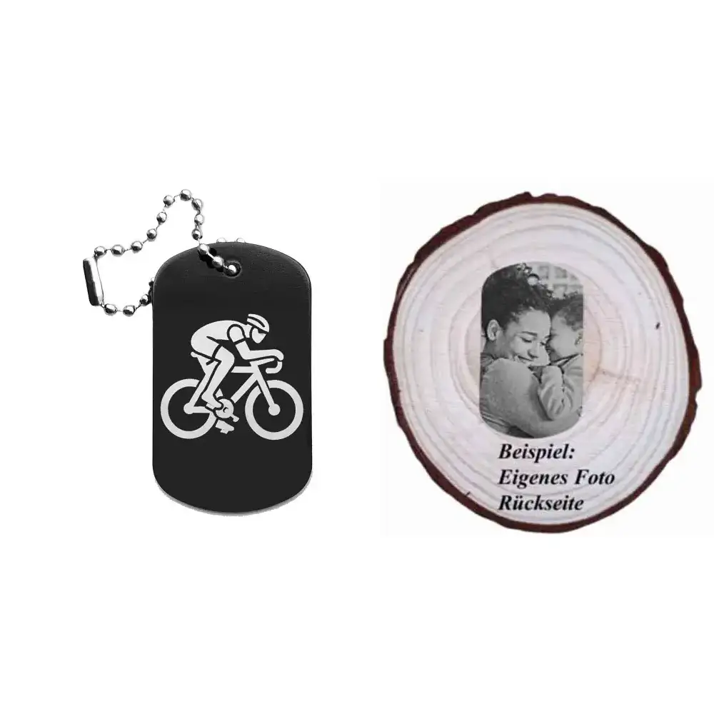 Dogtag mit Radfahrmotiv, daneben Beispiel eines personalisierten Fotos