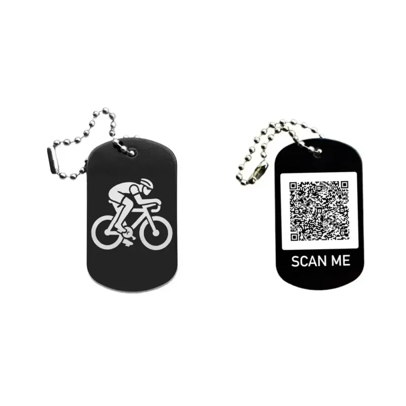 Dogtag mit Radfahrmotiv, daneben Beispiel eines personalisierten QR-Codes