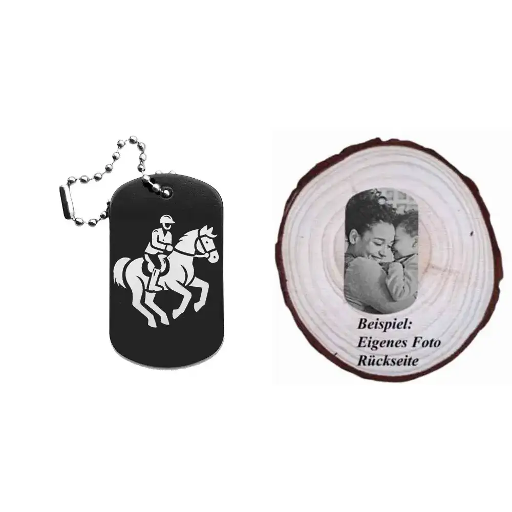 Dogtag mit Reitermotiv, daneben Beispiel eines personalisierten Fotos