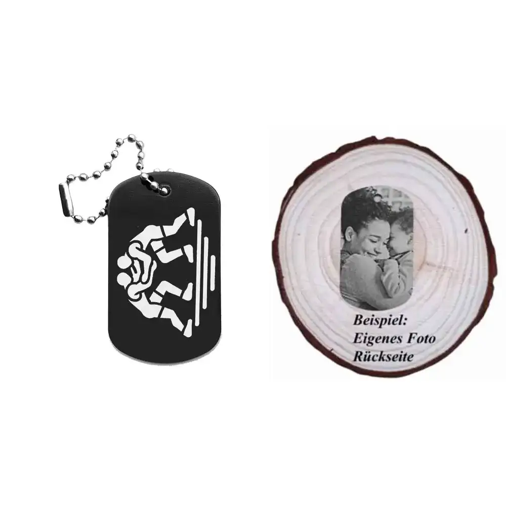 Dogtag mit Ringenmotiv, daneben Beispiel eines personalisierten Fotos