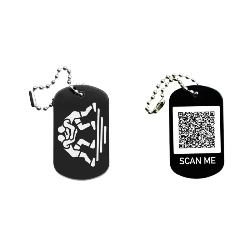 Dogtag mit Ringenmotiv, daneben Beispiel eines personalisierten QR-Codes