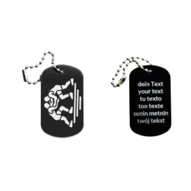 Dogtag mit Ringenmotiv, daneben Beispiel eines personalisierten Textes