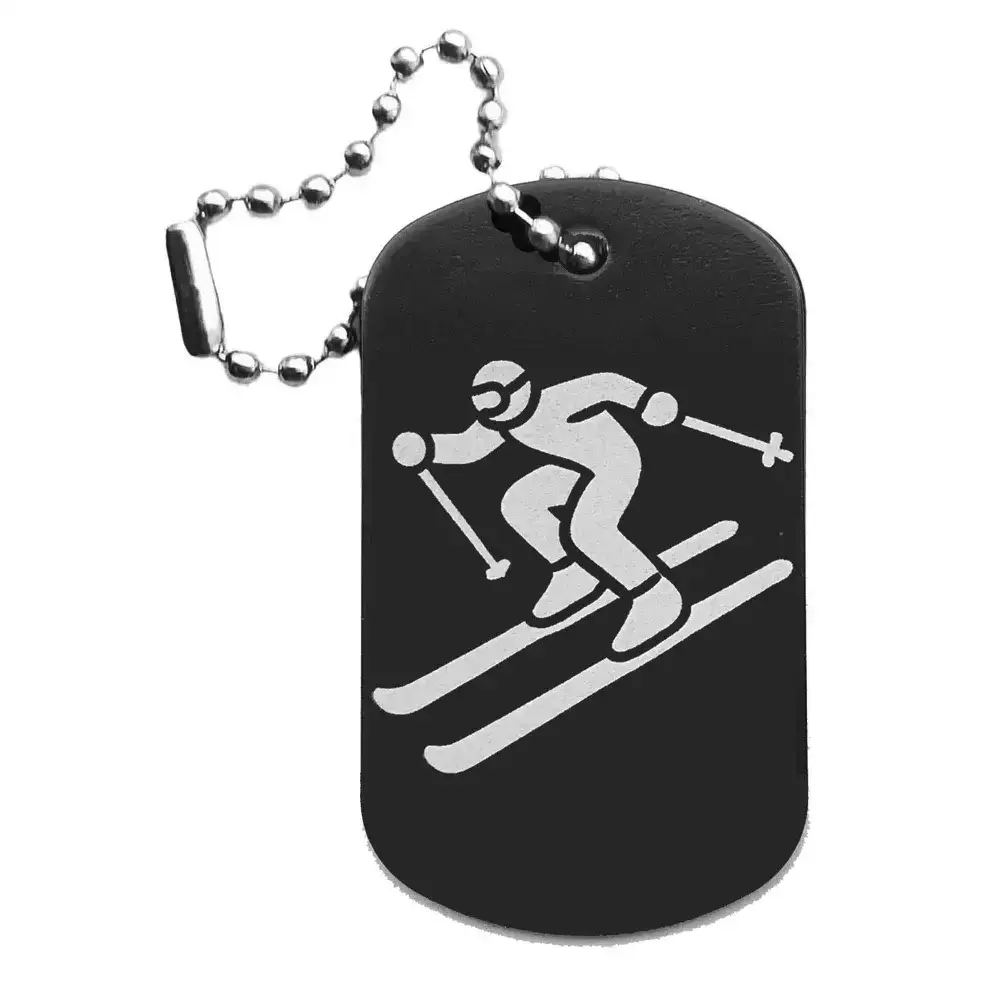 Skifahrer-Anhänger – Dogtag mit Lasergravur, schwarze Oberfläche