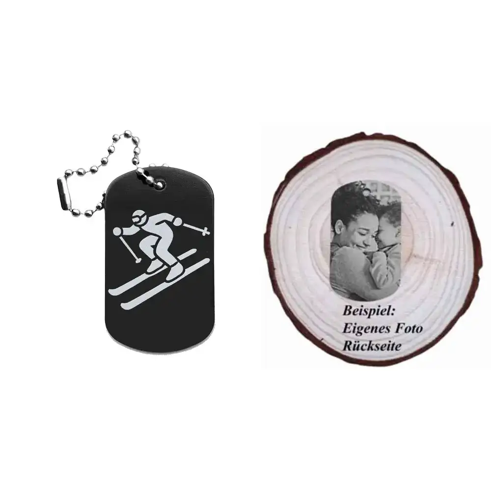 Dogtag mit Skifahrermotiv, daneben Beispiel eines personalisierten Fotos