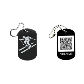 Dogtag mit Skifahrermotiv, daneben Beispiel eines personalisierten QR-Codes
