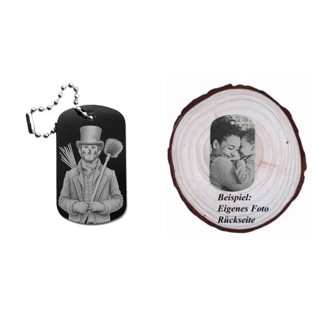 Schwarzer Dogtag Schlüsselanhänger mit Schornsteinfeger-Motiv, daneben Beispiel eines personalisierten Fotos auf der Rückseite.