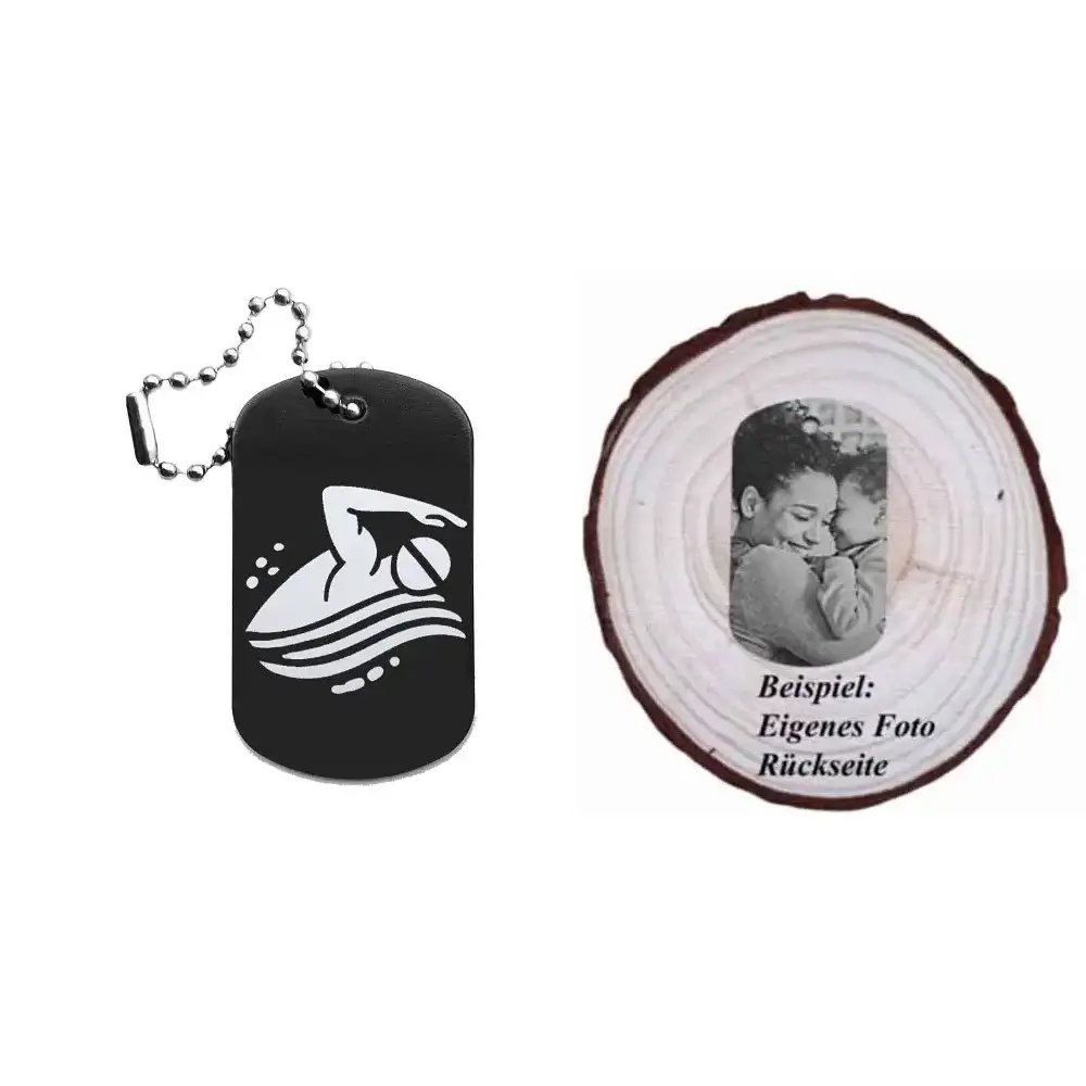 Dogtag mit Schwimmermotiv, daneben Beispiel eines personalisierten Fotos