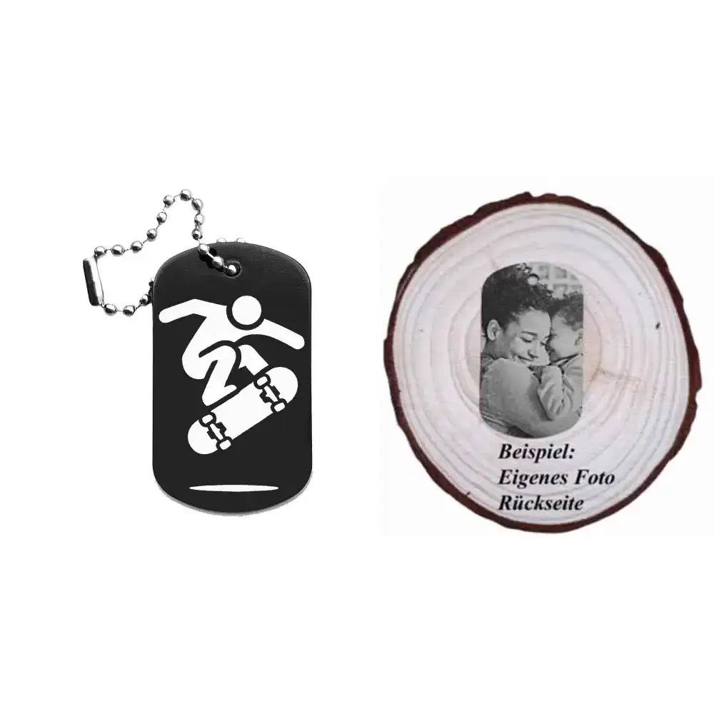 Dogtag mit Skatermotiv, daneben Beispiel eines personalisierten Fotos