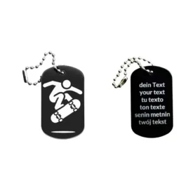Dogtag mit Skatermotiv, daneben Beispiel eines personalisierten Textes