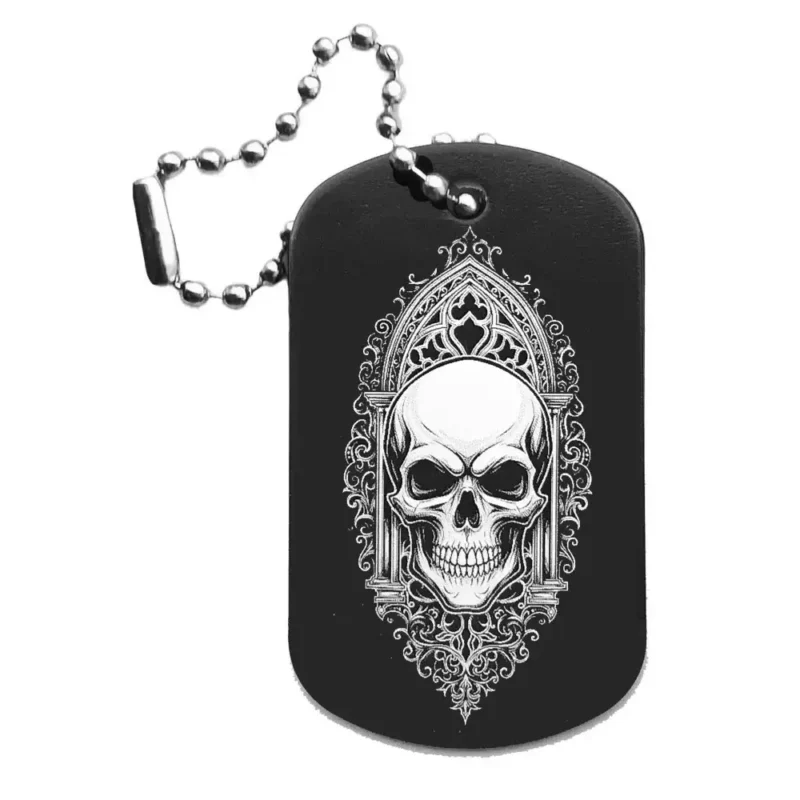 Totenkopf-Anhänger – Dogtag mit Lasergravur, schwarze Oberfläche