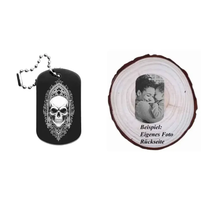 Dogtag mit Totenkopfmotiv, daneben Beispiel eines personalisierten Fotos