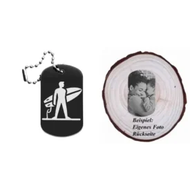 Dogtag mit Surfenmotiv, daneben Beispiel eines personalisierten Fotos