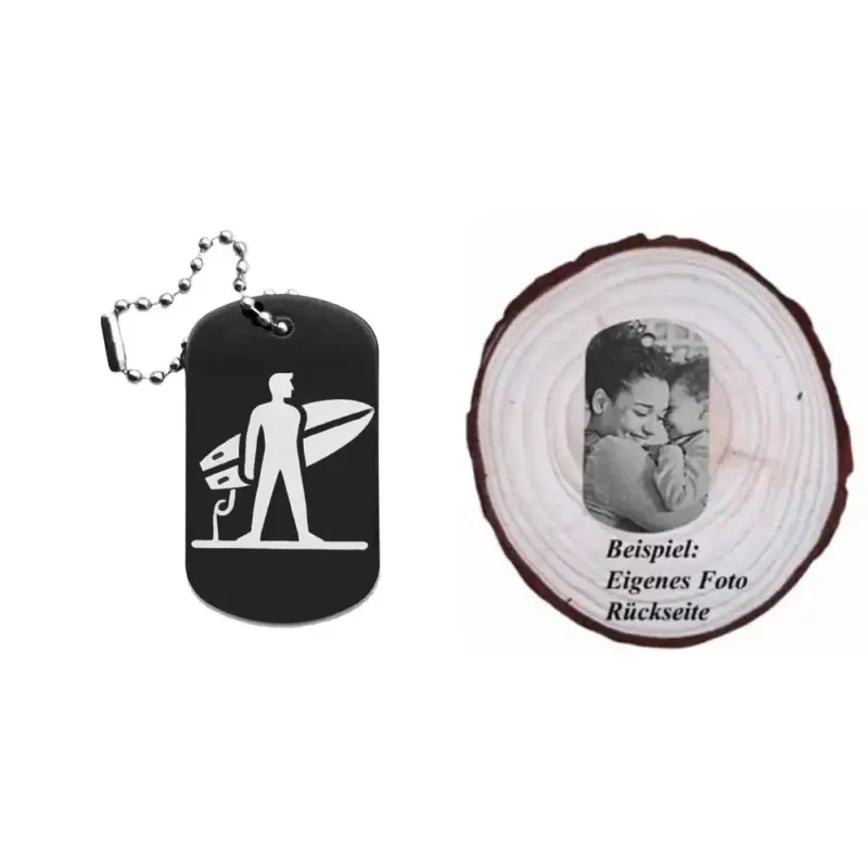 Dogtag mit Surfenmotiv, daneben Beispiel eines personalisierten Fotos