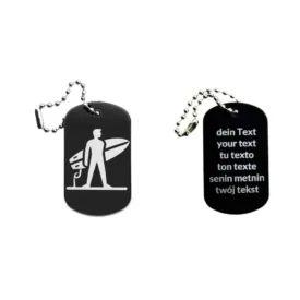 Dogtag mit Surfenmotiv, daneben Beispiel eines personalisierten Textes