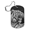 Schwarzer Dogtag Schlüsselanhänger mit detaillierter Lasergravur eines brüllenden Tigerkopfes.