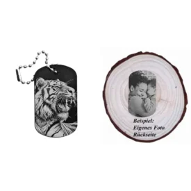 Schwarzer Dogtag Schlüsselanhänger mit Tiger-Motiv, daneben Beispiel eines personalisierten Fotos auf der Rückseite.