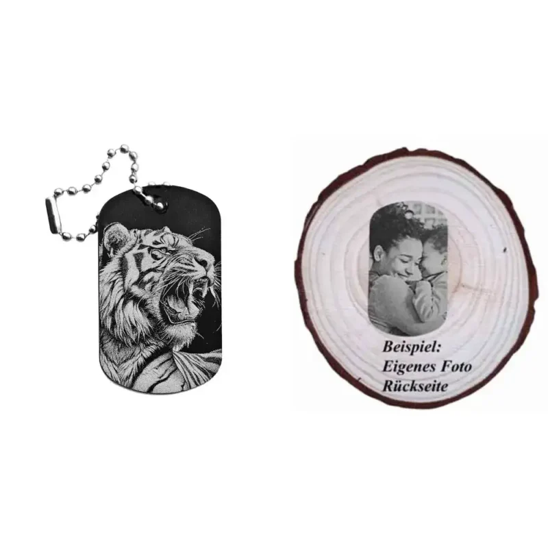 Schwarzer Dogtag Schlüsselanhänger mit Tiger-Motiv, daneben Beispiel eines personalisierten Fotos auf der Rückseite.
