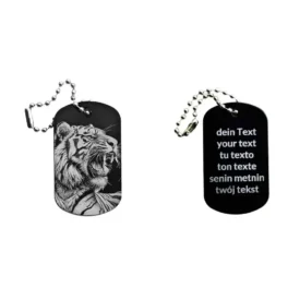 Schwarzer Dogtag Schlüsselanhänger mit Tiger-Motiv, daneben Beispiel eines personalisierten Textes auf der Rückseite.