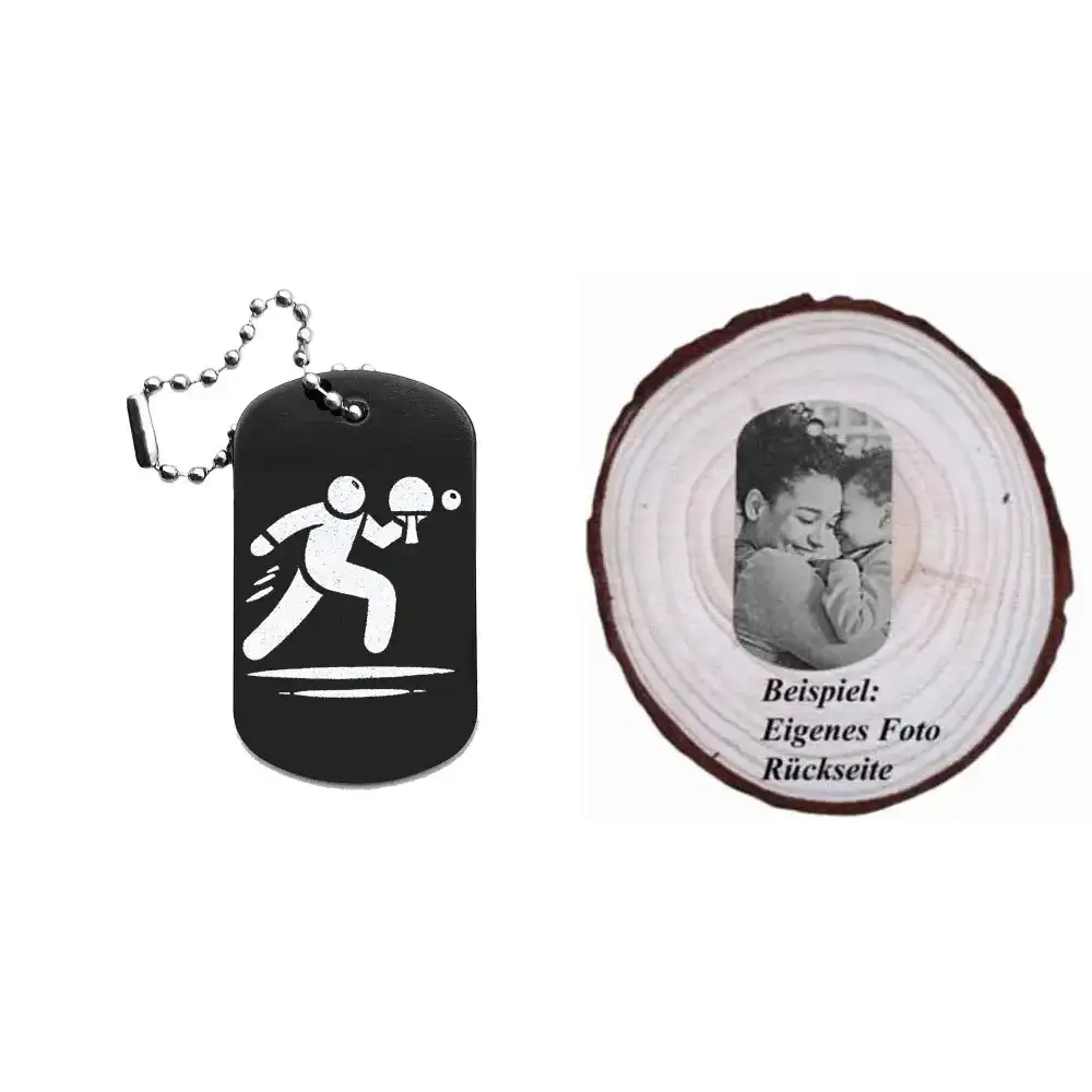Dogtag mit Tischtennismotiv, daneben Beispiel eines personalisierten Fotos