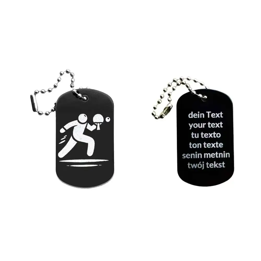 Dogtag mit Tischtennismotiv, daneben Beispiel eines personalisierten Textes