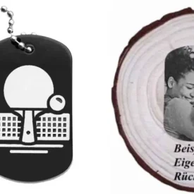 Schwarzer Dogtag Schlüsselanhänger mit Tischtennismotiv, daneben Beispiel eines personalisierten Fotos auf der Rückseite.