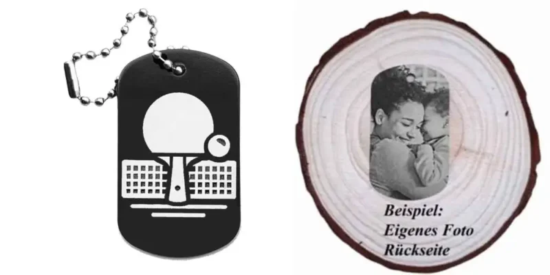 Schwarzer Dogtag Schlüsselanhänger mit Tischtennismotiv, daneben Beispiel eines personalisierten Fotos auf der Rückseite.