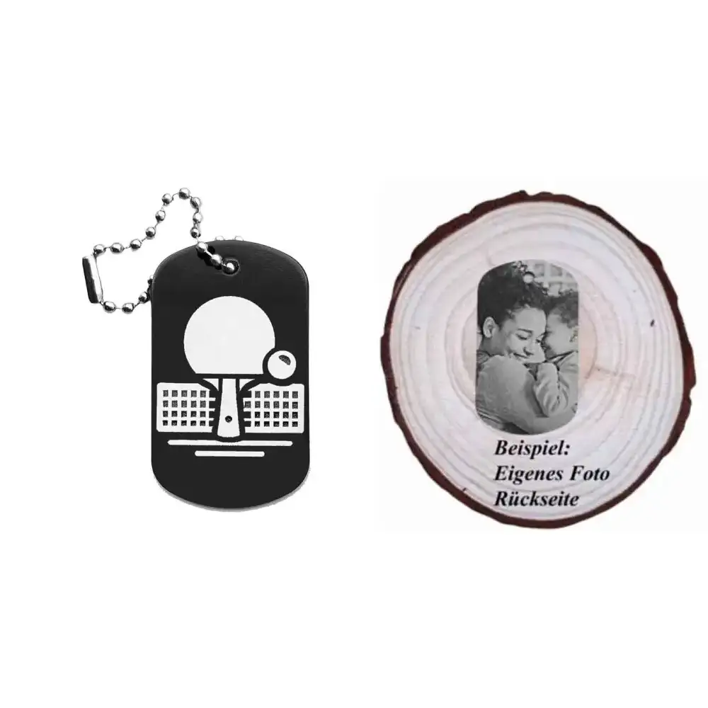 Schwarzer Dogtag Schlüsselanhänger mit Tischtennismotiv, daneben Beispiel eines personalisierten Fotos auf der Rückseite.