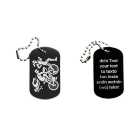 Dogtag mit Triathlonmotiv, daneben Beispiel eines personalisierten Textes
