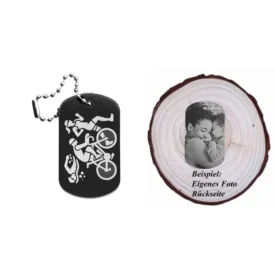 Dogtag mit Triathlonmotiv, daneben Beispiel eines personalisierten Fotos