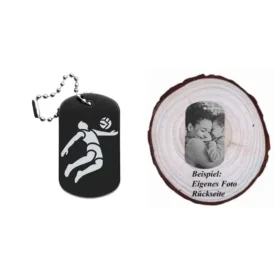 Dogtag mit Volleyballmotiv, daneben Beispiel eines personalisierten Fotos