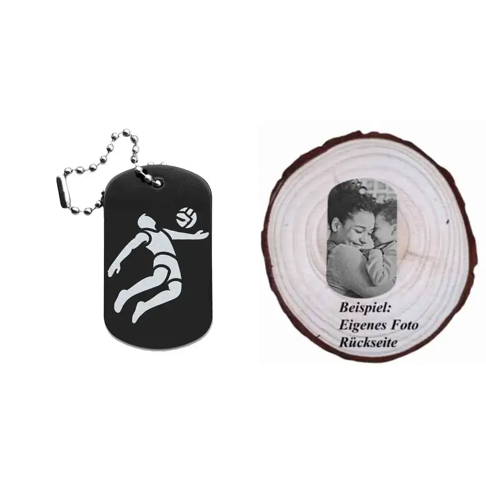 Dogtag mit Volleyballmotiv, daneben Beispiel eines personalisierten Fotos
