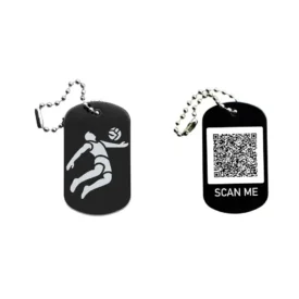 Dogtag mit Volleyballmotiv, daneben Beispiel eines personalisierten QR-Codes