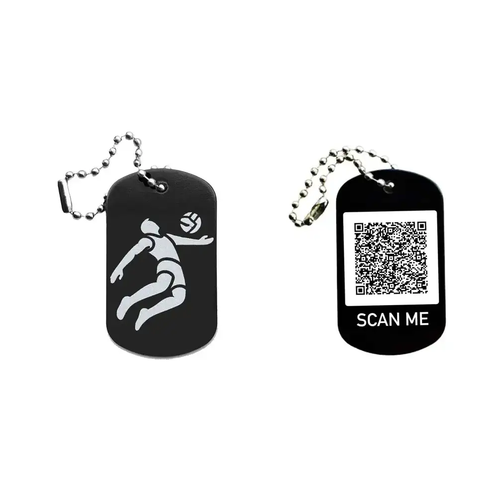 Dogtag mit Volleyballmotiv, daneben Beispiel eines personalisierten QR-Codes