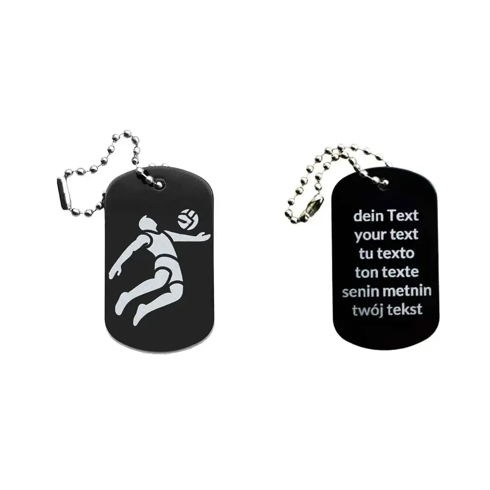 Dogtag mit Volleyballmotiv, daneben Beispiel eines personalisierten Textes
