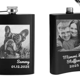 Mattschwarzer personalisierter Flachmann mit einer Beispielgravur, die ein Foto eines Paares und deren Namen zeigt.