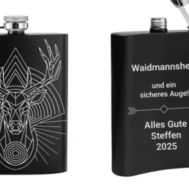 Mattschwarzer personalisierter Flachmann mit einer Beispielgravur eines Jagdspruches (
