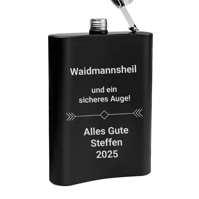schwarzer Edelstahl Flachmann mit Wild Motiv personalisierbar mit Text auf der Rückseite